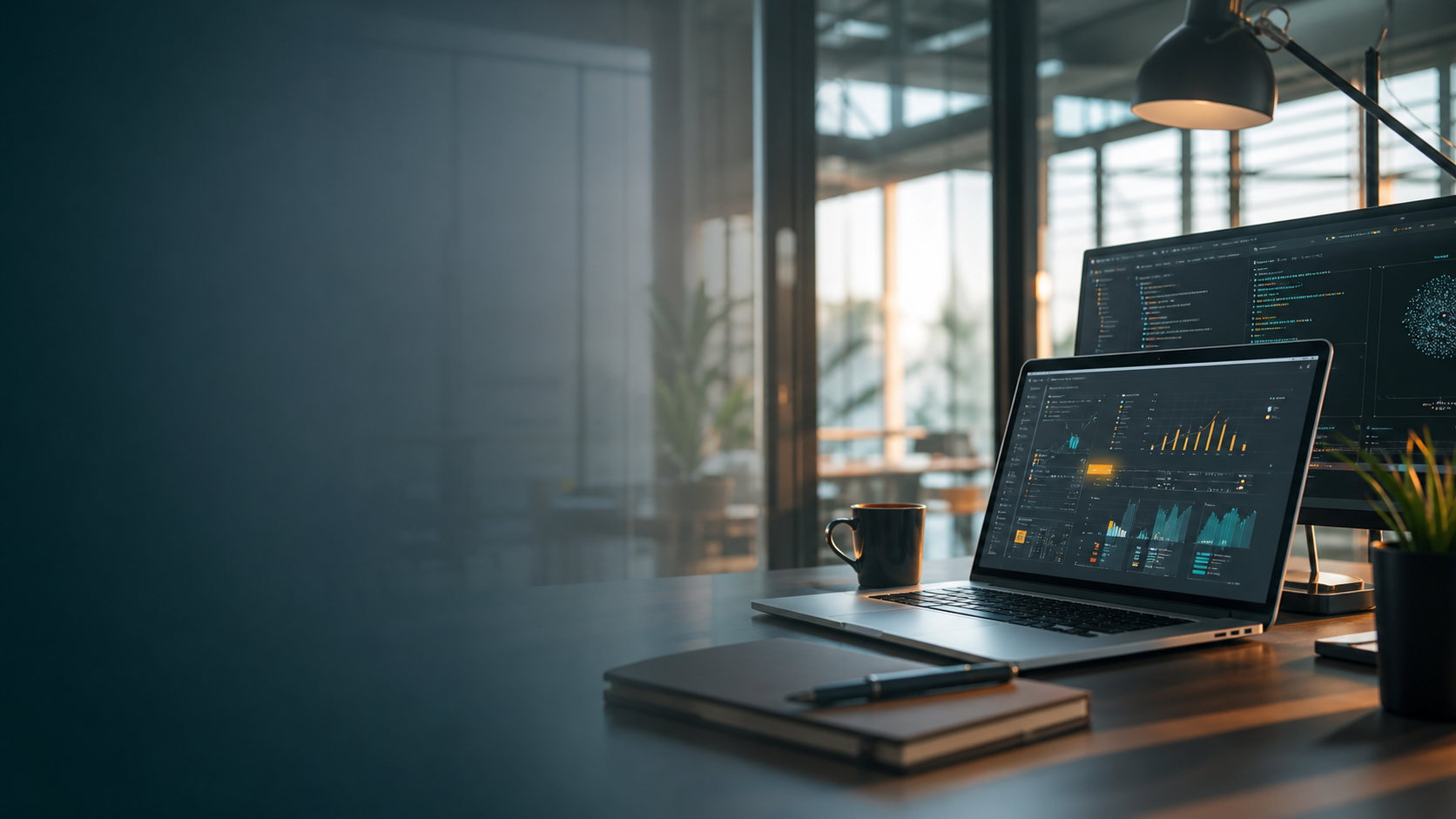 Modern software engineering workspace with dashboards and code screens